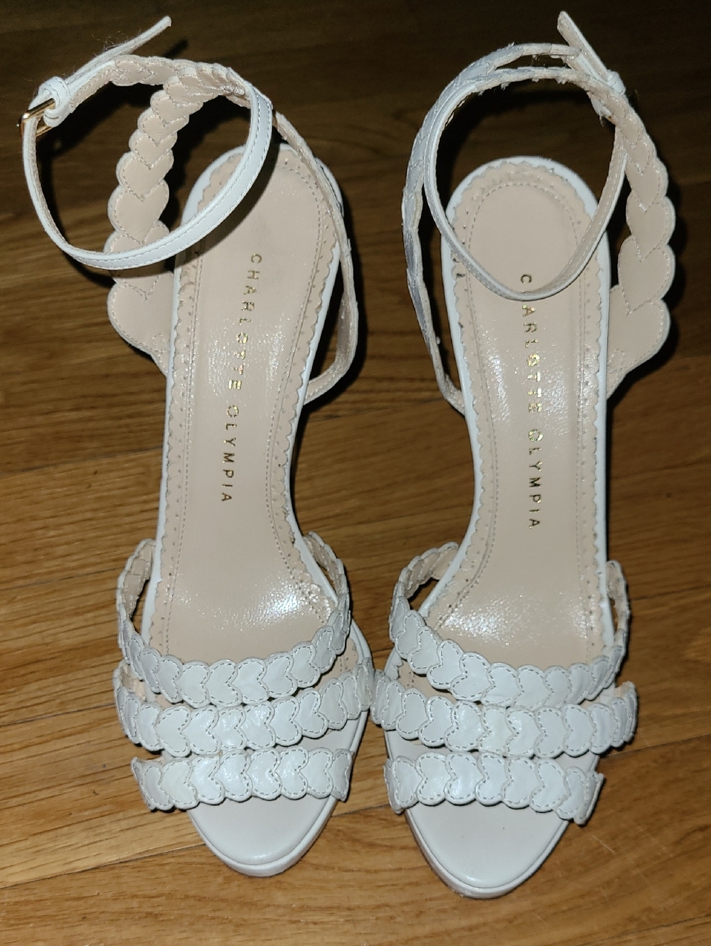 Charlotte Olympia Cream Heart Strap Ankle-Heel Sandals